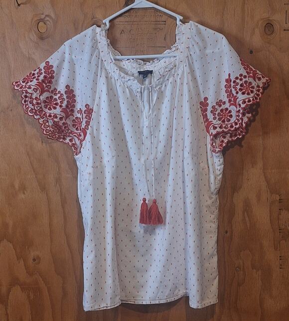 Talbots Tops - Talbots Shirt Womens 2X White Red Eyelets Tasseled Lined Dotted Bohemian Summer